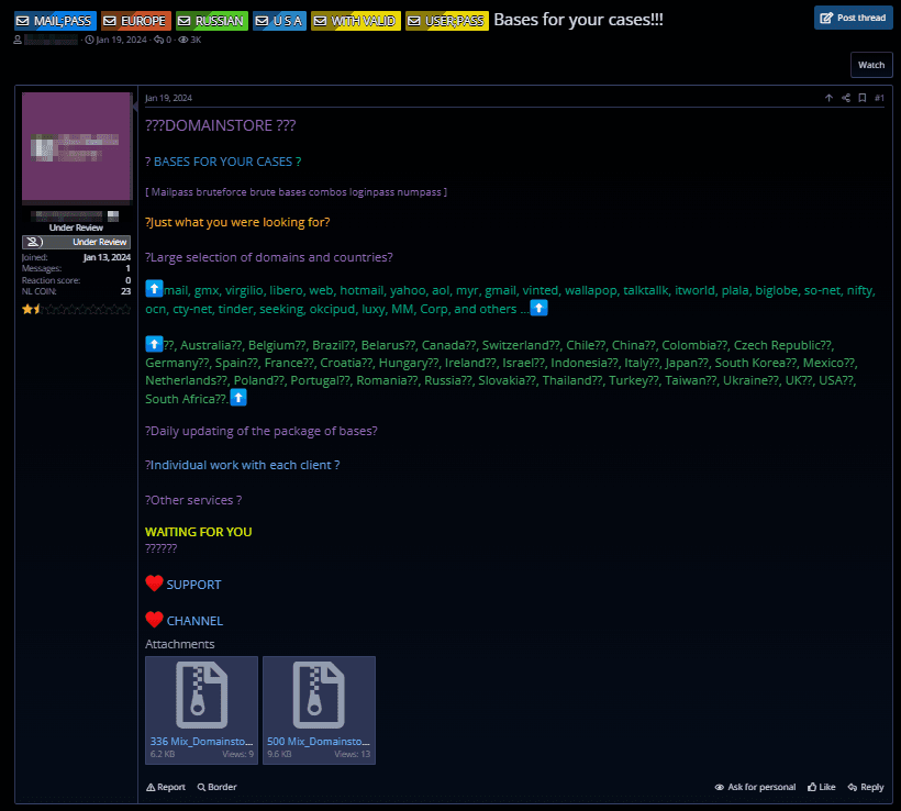 Рисунок 14. Объявление о продаже баз данных и доступов для разных стран, включая Бразилию