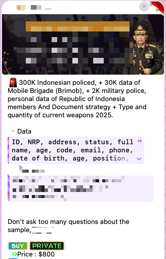 Рисунок 14. Пост о продаже данных полиции Индонезии в даркнете