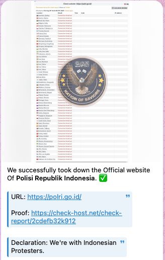 Рисунок 15. Скрин поста в Telegram-канале злоумышленников о DDoS-атаке на сайт полиции Индонезии