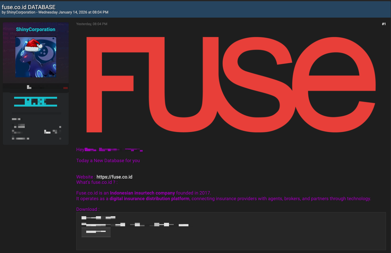 Рисунок 16. Сообщение о публикации базы данных Fuse от лица ShinyHunters