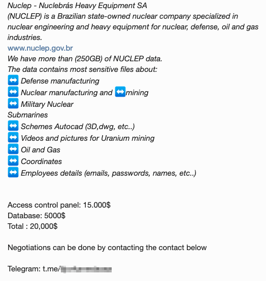 Рисунок 16. Объявление о продаже доступа к панели управления промышленной компании Nuclep