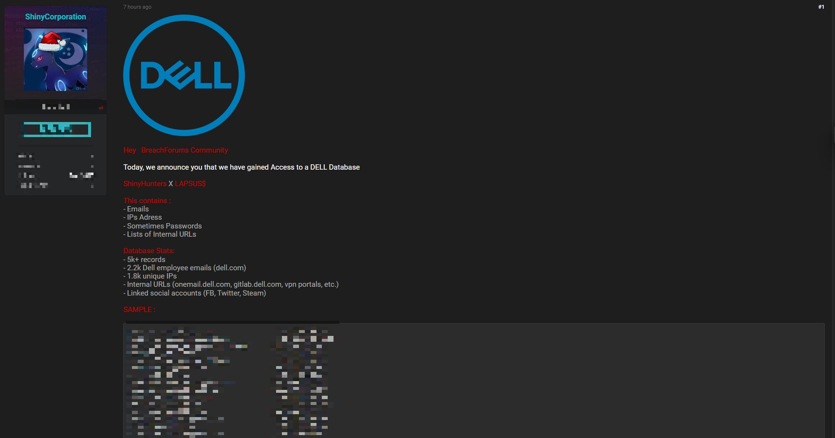 Рисунок 17. Сообщение о публикации базы данных DELL от лица ShinyHunters