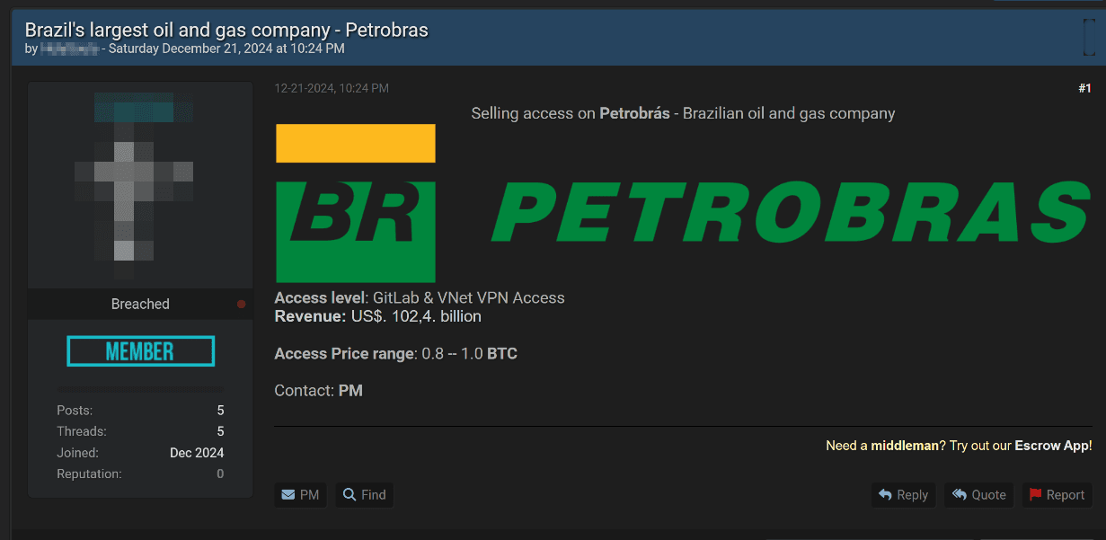 Рисунок 17. Объявление о продаже доступа к инфраструктуре бразильской промышленной компании