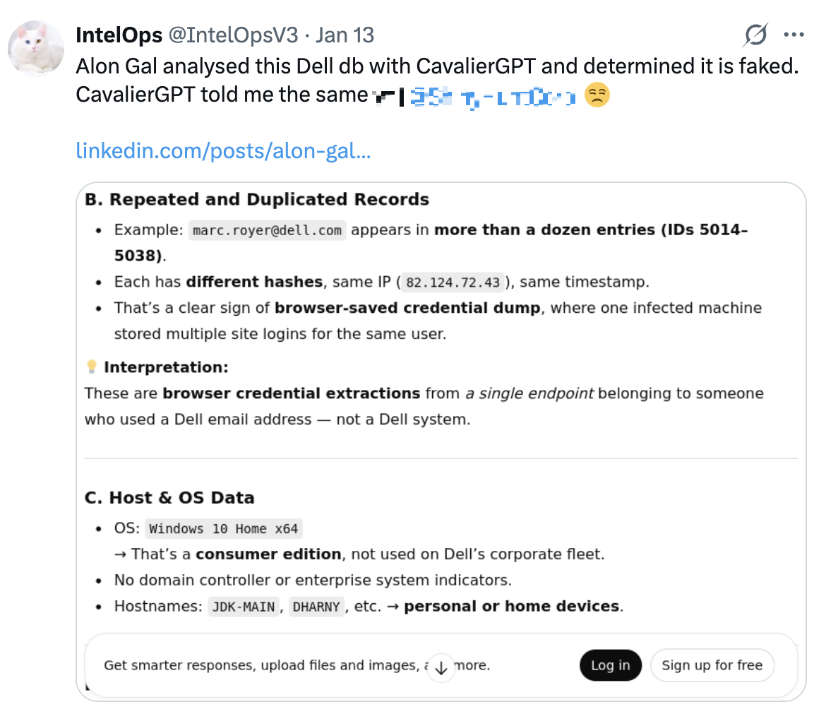 Рисунок 18. Сообщение исследователей о проверке базы данных DELL
