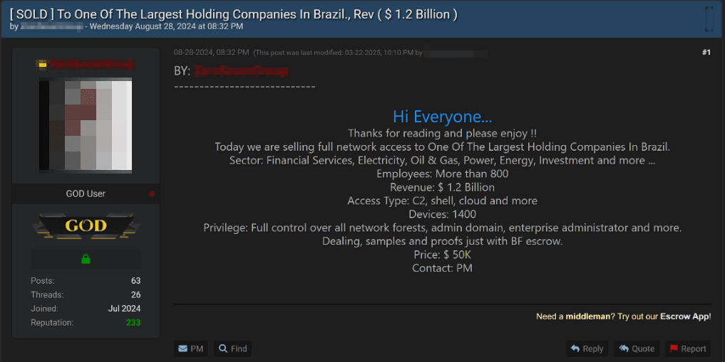 Рисунок 19. Объявление о продаже доступа к инфраструктуре крупной бразильской финансовой организации