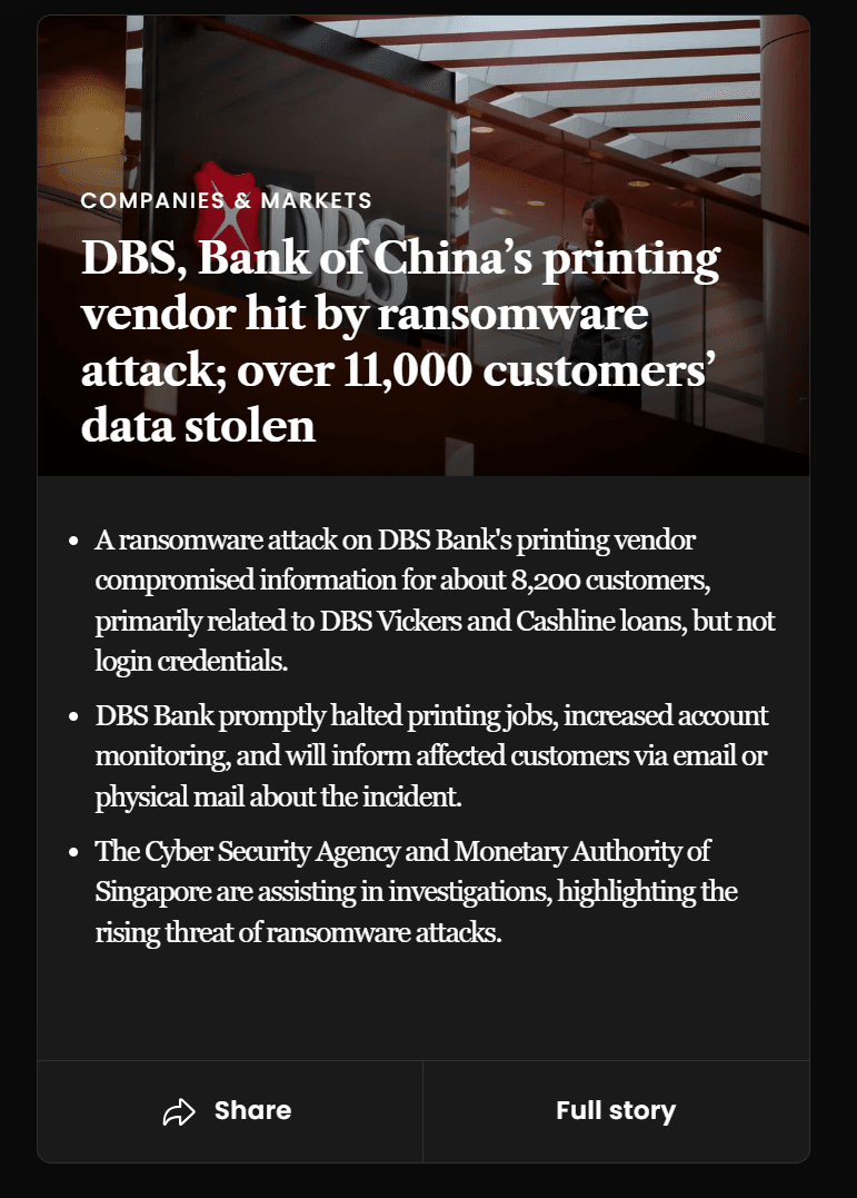 Рисунок 20. Новость об атаке на банк DBS