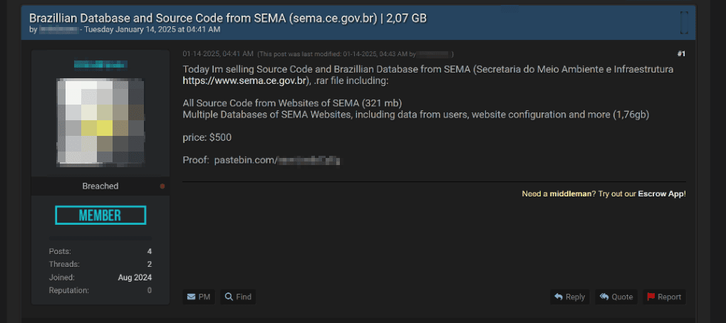 Рисунок 22. Объявление о продаже базы данных и исходных текстов центрального агентства государственной системы охраны окружающей среды Бразилии