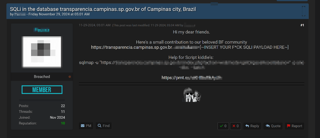 Рисунок 23. Объявление о раздаче SQL-уязвимости для сайта города Кампинас