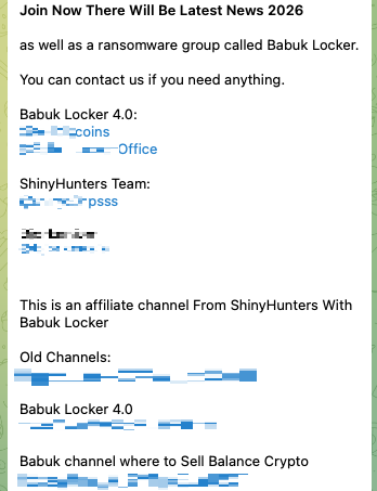 Рисунок 25. Telegram-канал Babuk, аффилированный с ShinyHunters