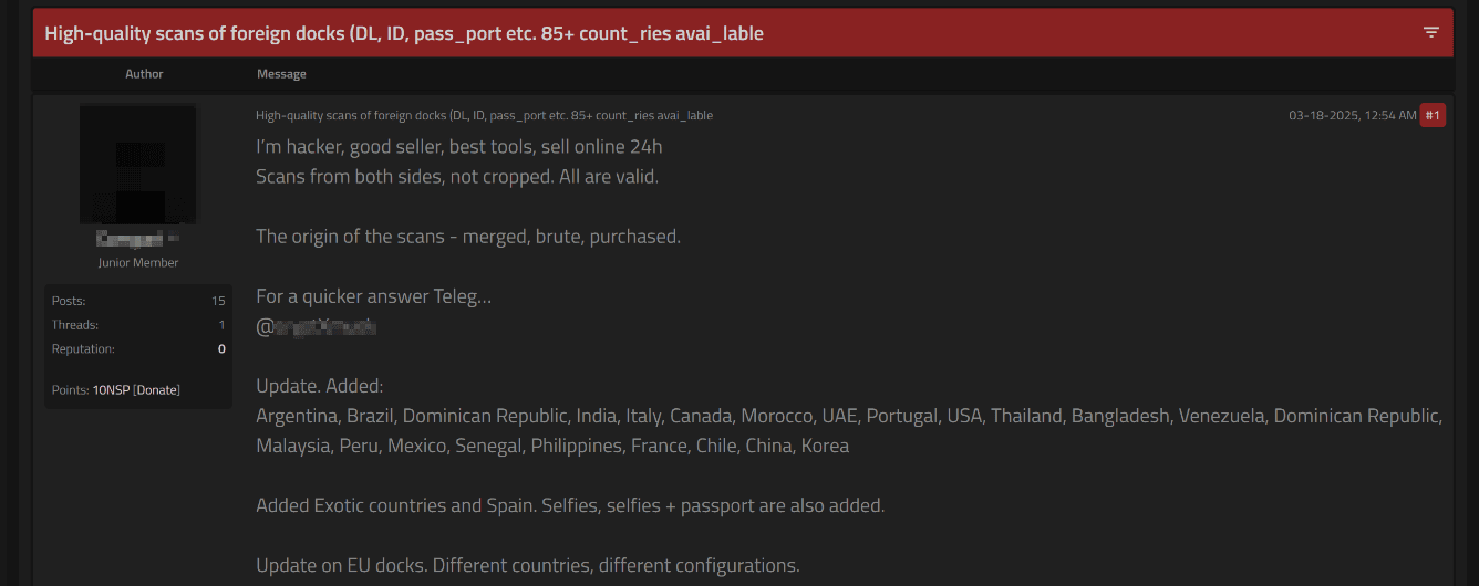 Рисунок 25. Объявление о продаже сканов паспортов и селфи