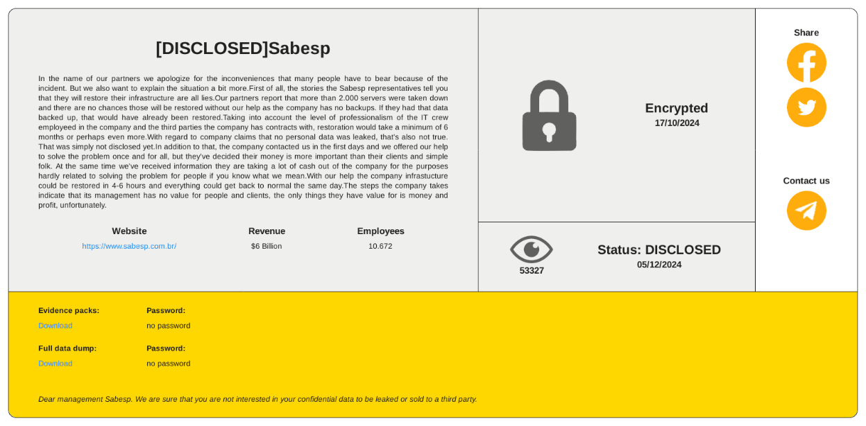 Рисунок 28. Объявление группировки RansomHouse о требовании выкупа за данные компании Sabesp
