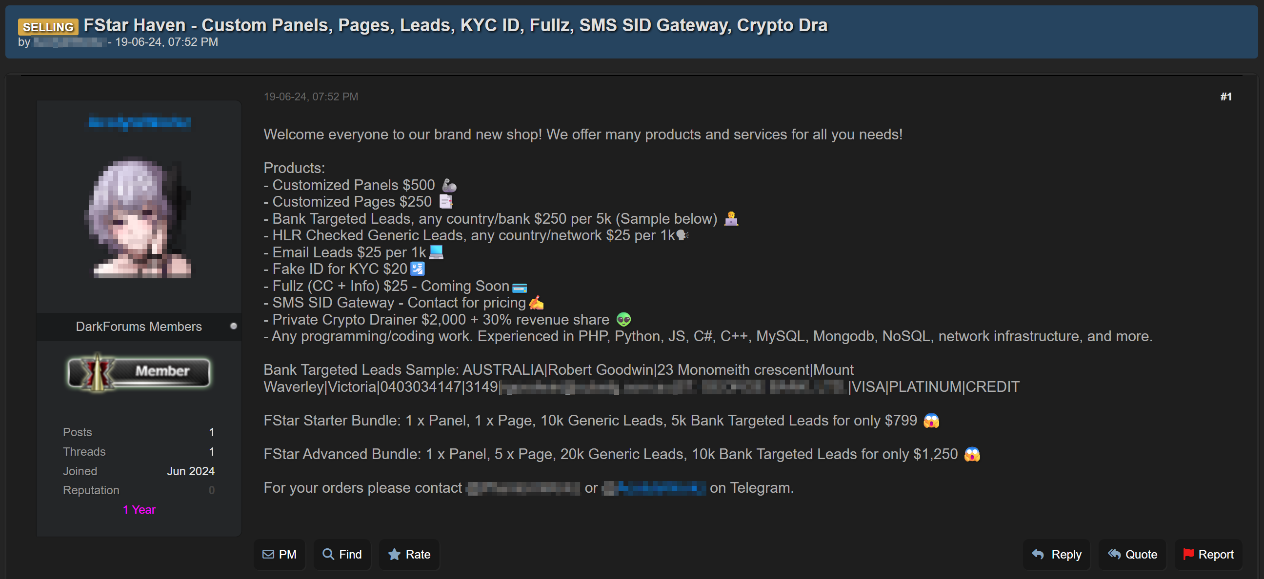 Рисунок 30. Объявление о продаже фишинговых услуг