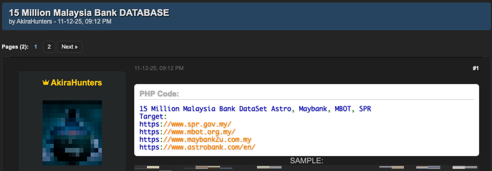 Рисунок 34. Продажа базы данных малайзийского банка на форуме