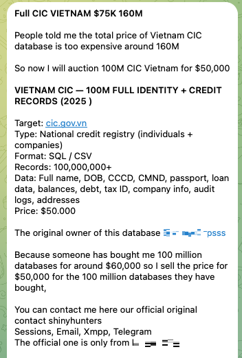 Рисунок 38. Сообщение о продаже базы данных CIC в Telegram-канале