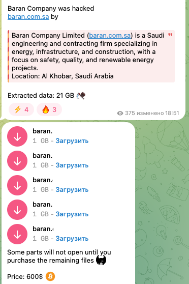 Рисунок 3. Заявление о взломе компании Baran и продаже ее базы данных
