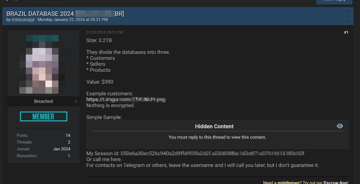 Рисунок 5. Объявление о продаже БД бразильского маркетплейса
