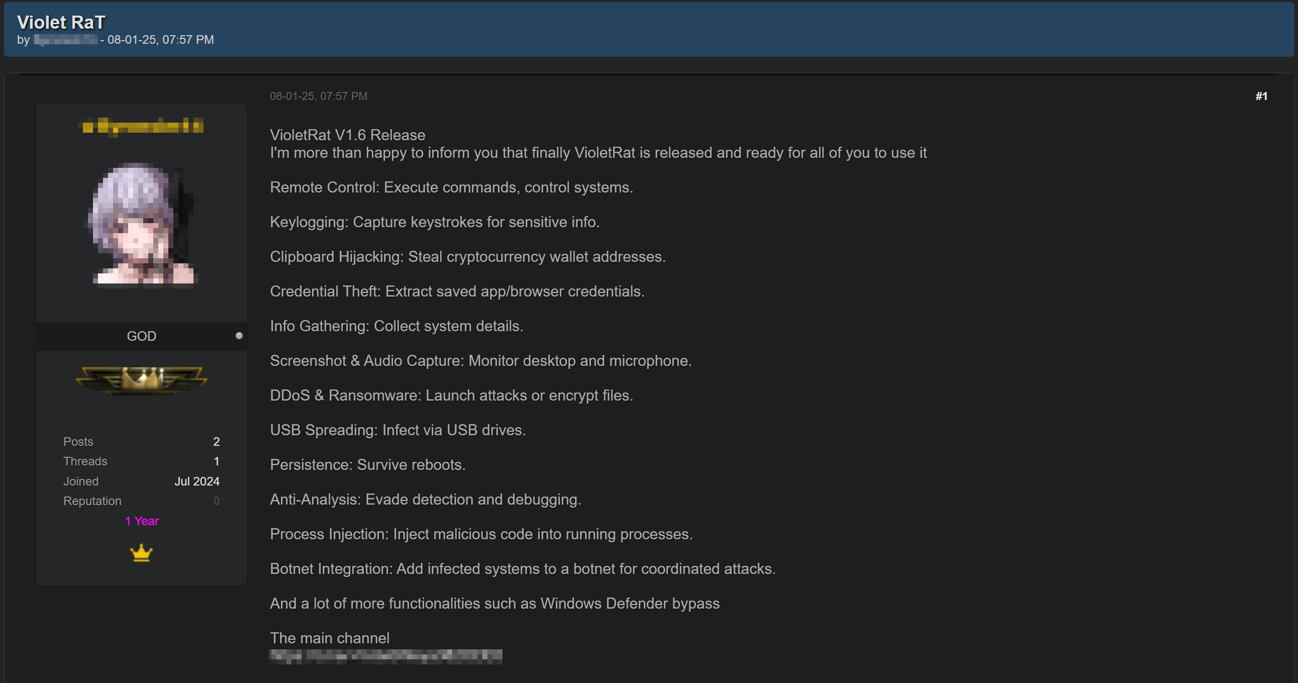 Рисунок 64. Объявление о многомодульном RAT с множеством функций