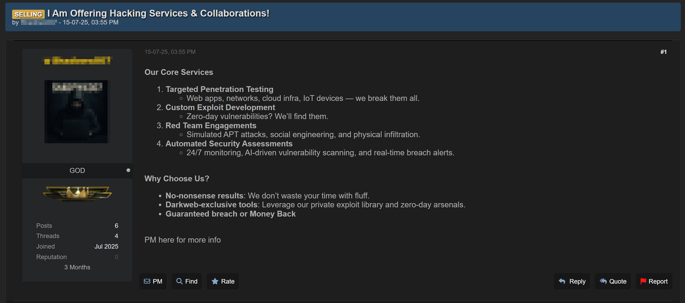 Рисунок 70. Объявление о продаже услуг взлома