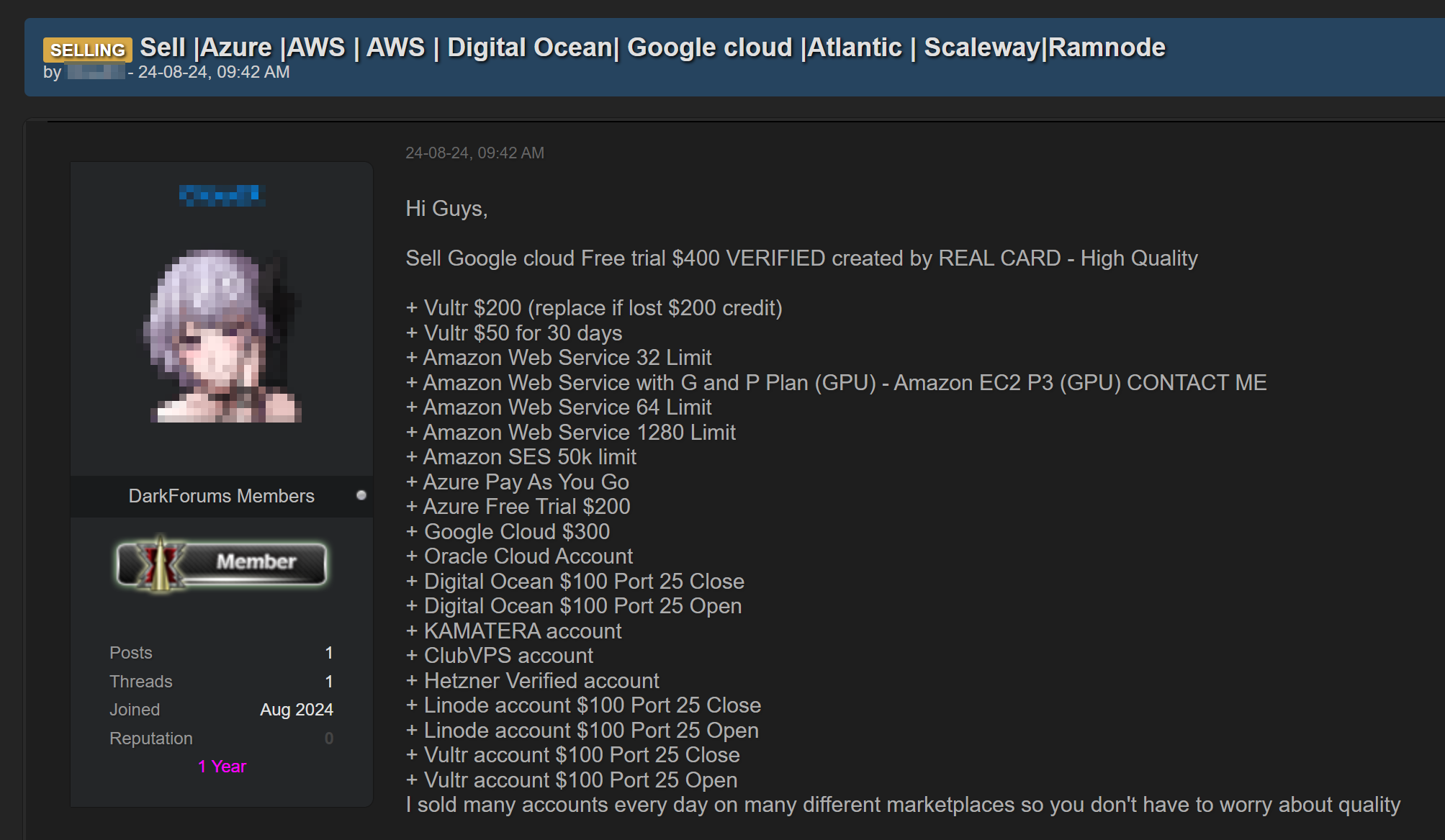 Рисунок 7. Предложение о продаже аккаунтов облачных провайдеров