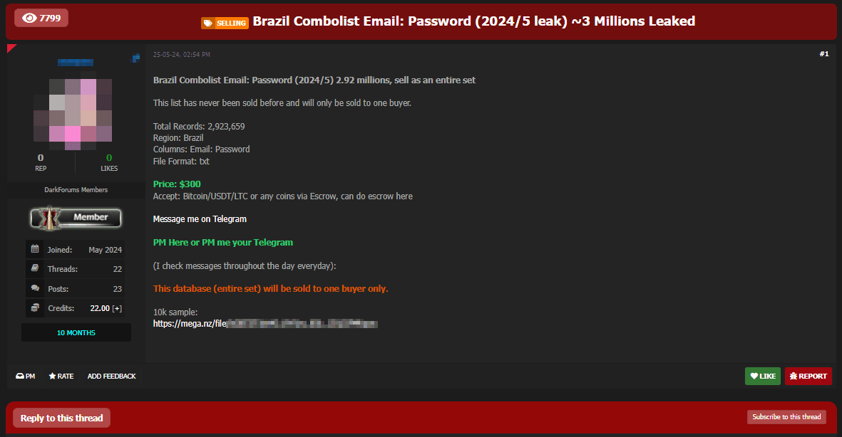 Рисунок 8. Объявление о продаже комбо-листа с адресами эл. почты и паролями жителей Бразилии