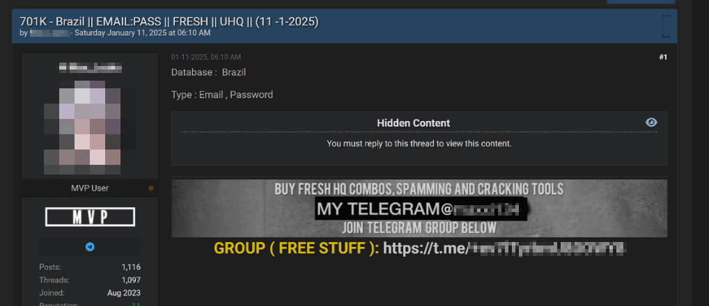 Рисунок 9. Объявление о продаже комбо-листа с адресами эл. почты и паролями