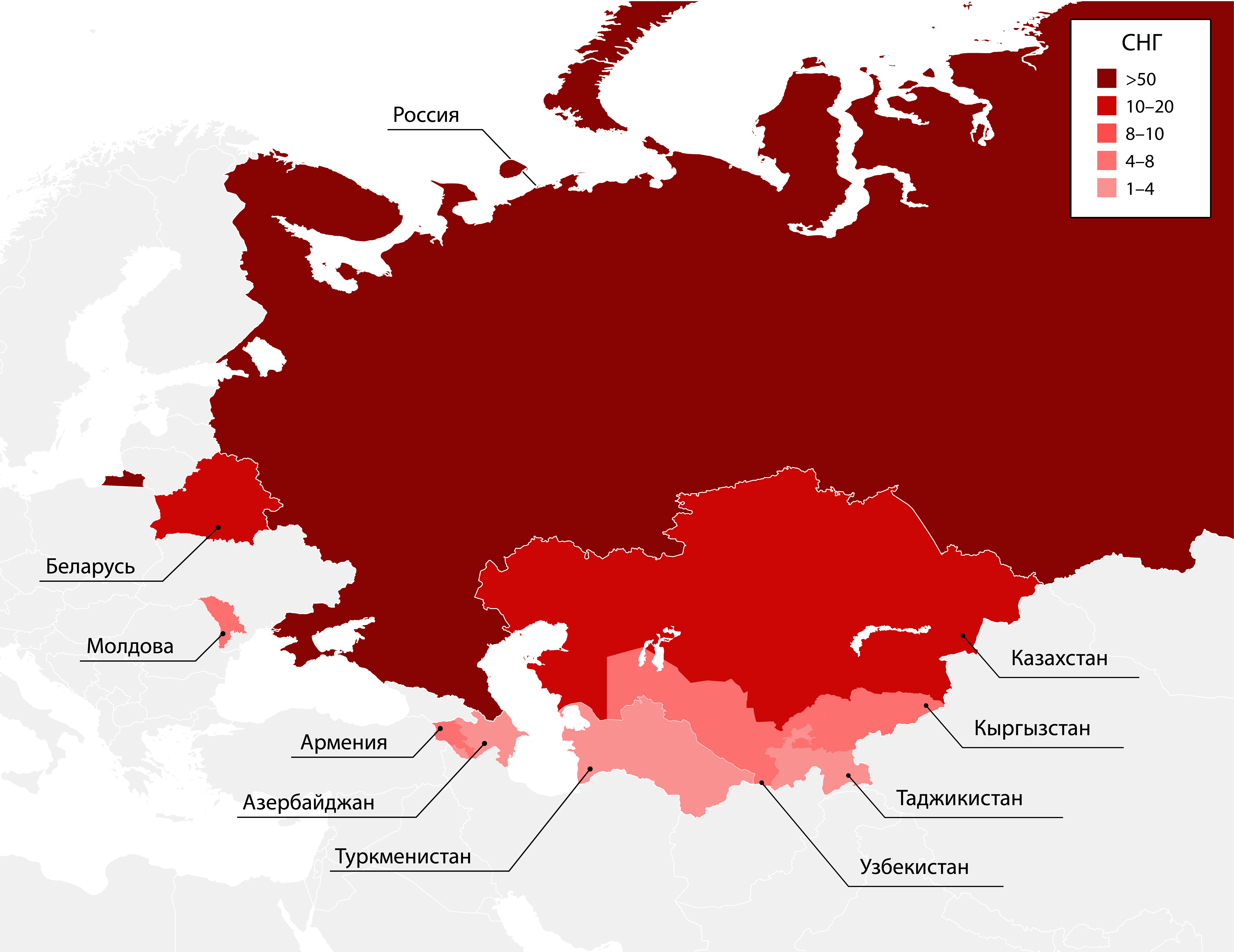 Рисунок 4. Активность APT-группировок и хактивистов в странах СНГ (количество группировок по странам)