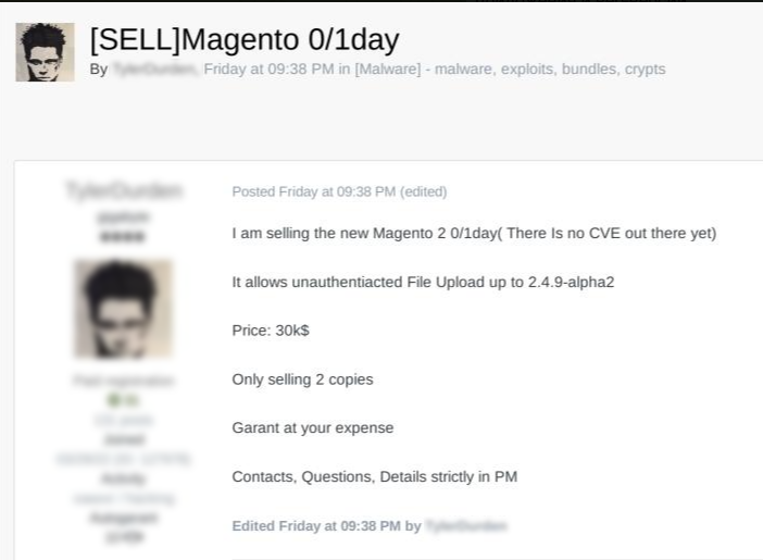 Рисунок 16. Продажа 0/1-day эксплойта в платформе для интернет-магазинов Magento 2 (Adobe Commerce)